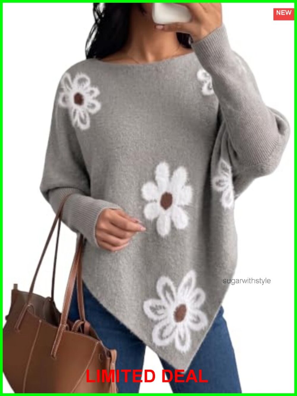 Women's Oversized Floral Knit Poncho Sweater Asymmetrical Batwing Pullover